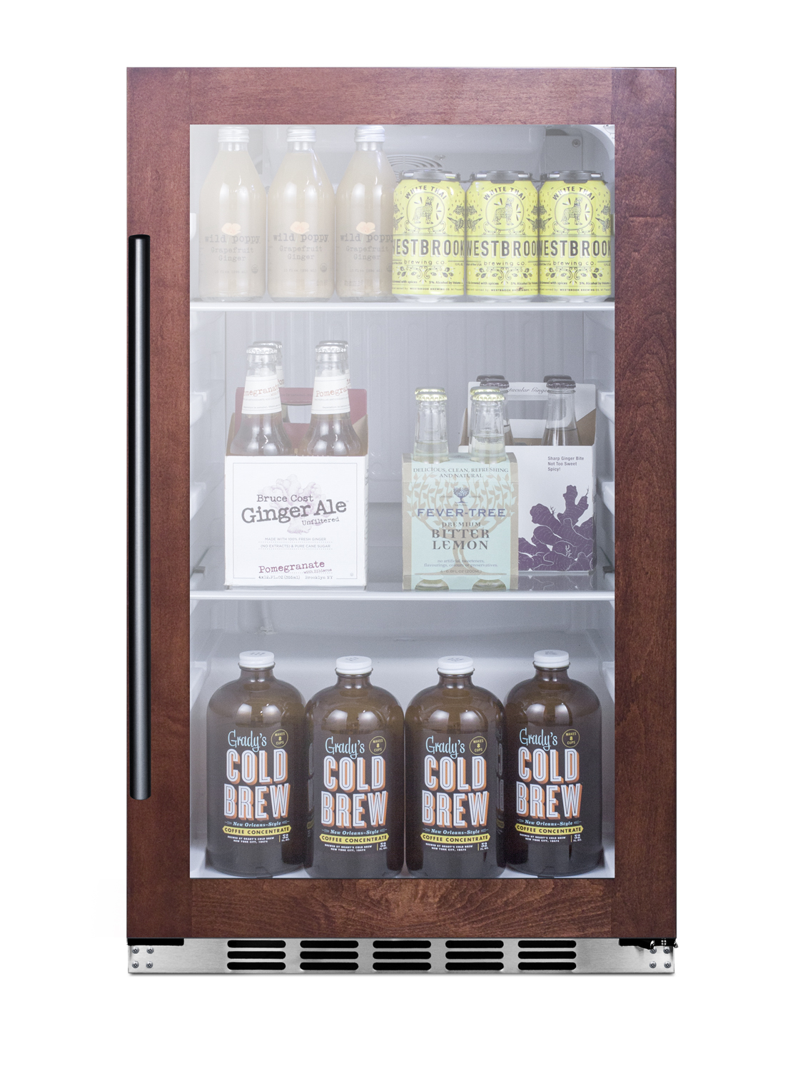 Commercially approved indoor/outdoor beverage cooler for built-in or freestanding use with a shallow 17.75